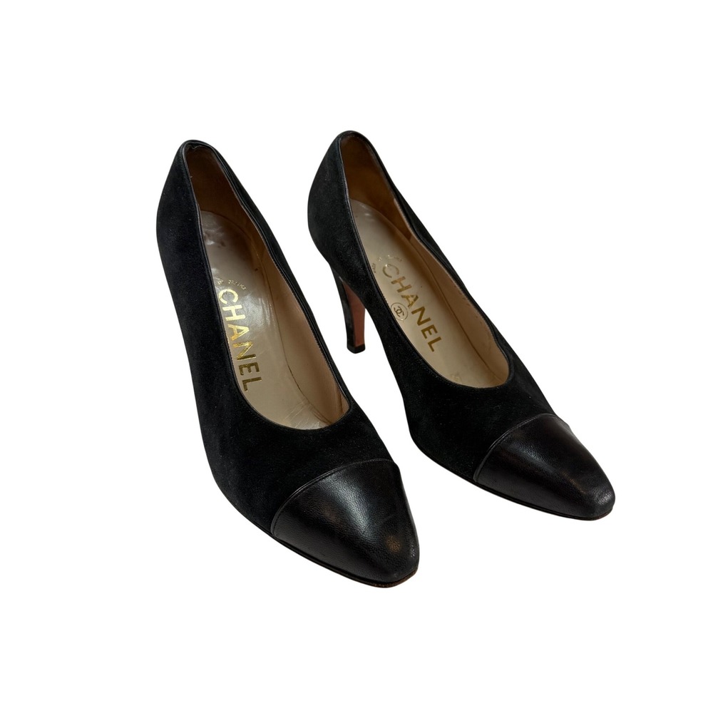 Chanel Vintage Black Leather Cap Toe Pumps Heels EU 36.5 (US Size 6.5)